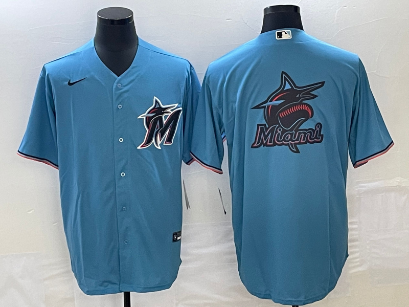 Men's Miami Marlins Blue Team Big Logo Cool Base Stitched Baseball Jersey Men's Miami Marlins Blue Team Big Logo Cool Base Stitched Baseball Jersey